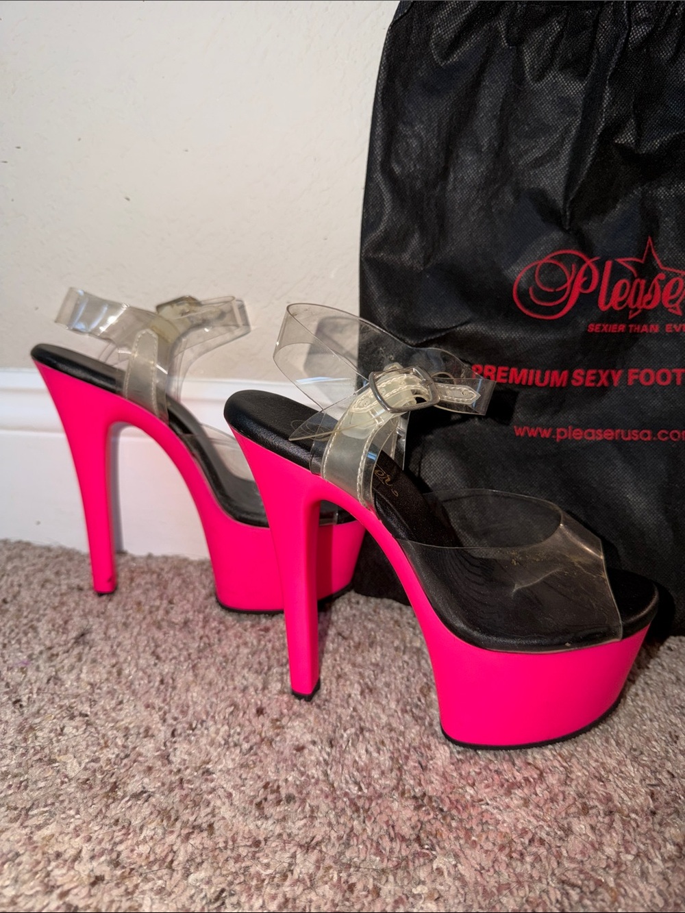 Pleaser Neon Pink Clear Strap Platform Heels